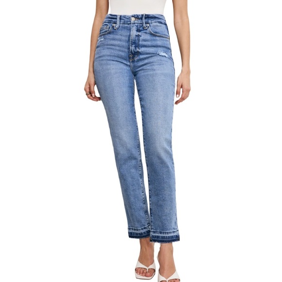 Good American Classic Slim Straight Mid Rise Blue Jean Released Hem Size 14/32 - Picture 1 of 13